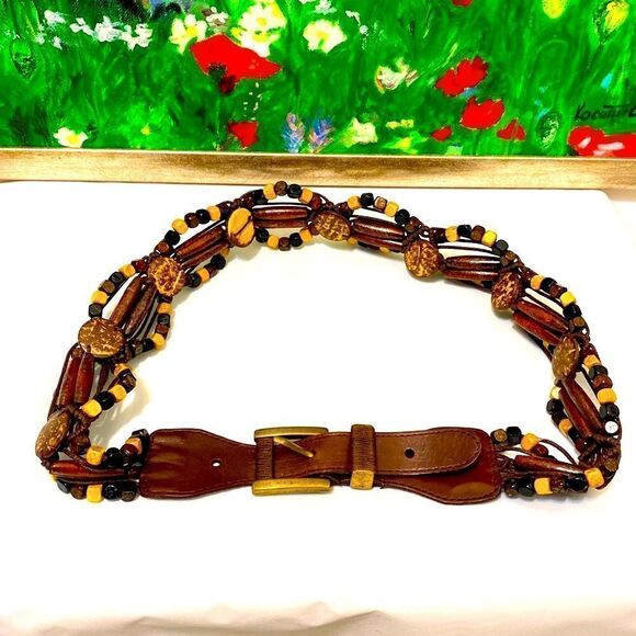 Nine West Leather Wooden Beats and Thread Belt - Picture 1 of 5